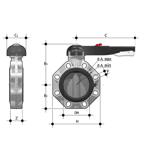 Disegno tecnico della valvola a farfalla  FKO /LM DN 40:400