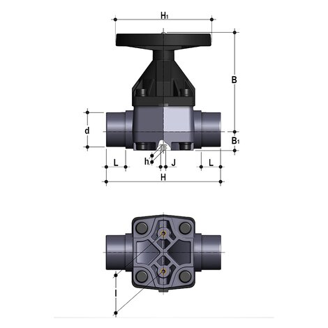 Disegno tecnico della valvola a membrana VMD DN 80:100