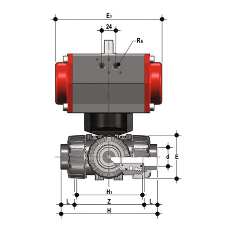 LKDJV/CP SA - pneumatically actuated DUAL BLOCK® 3-way ball valve